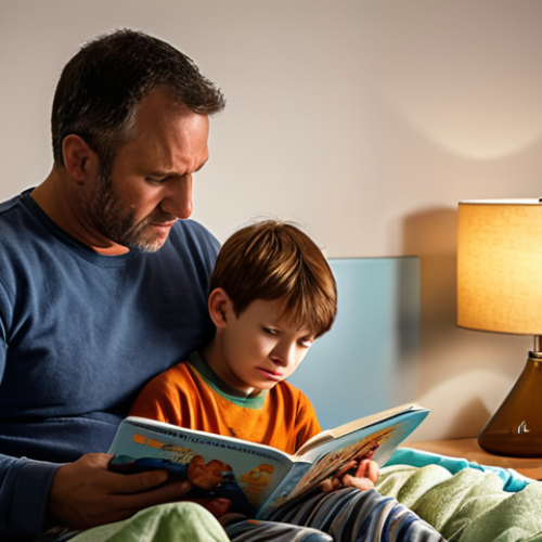 Home 4 **
A comforting scene depicting a father reading a bedtime story to his young son. The room is softly lit, with a visible child's potty or easy access to a bathroom nearby. The overall mood is supportive and patient, emphasizing open communication about bedwetting is not a shameful problem.
**