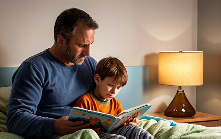 **
A comforting scene depicting a father reading a bedtime story to his young son. The room is softly lit, with a visible child's potty or easy access to a bathroom nearby. The overall mood is supportive and patient, emphasizing open communication about bedwetting is not a shameful problem.
**