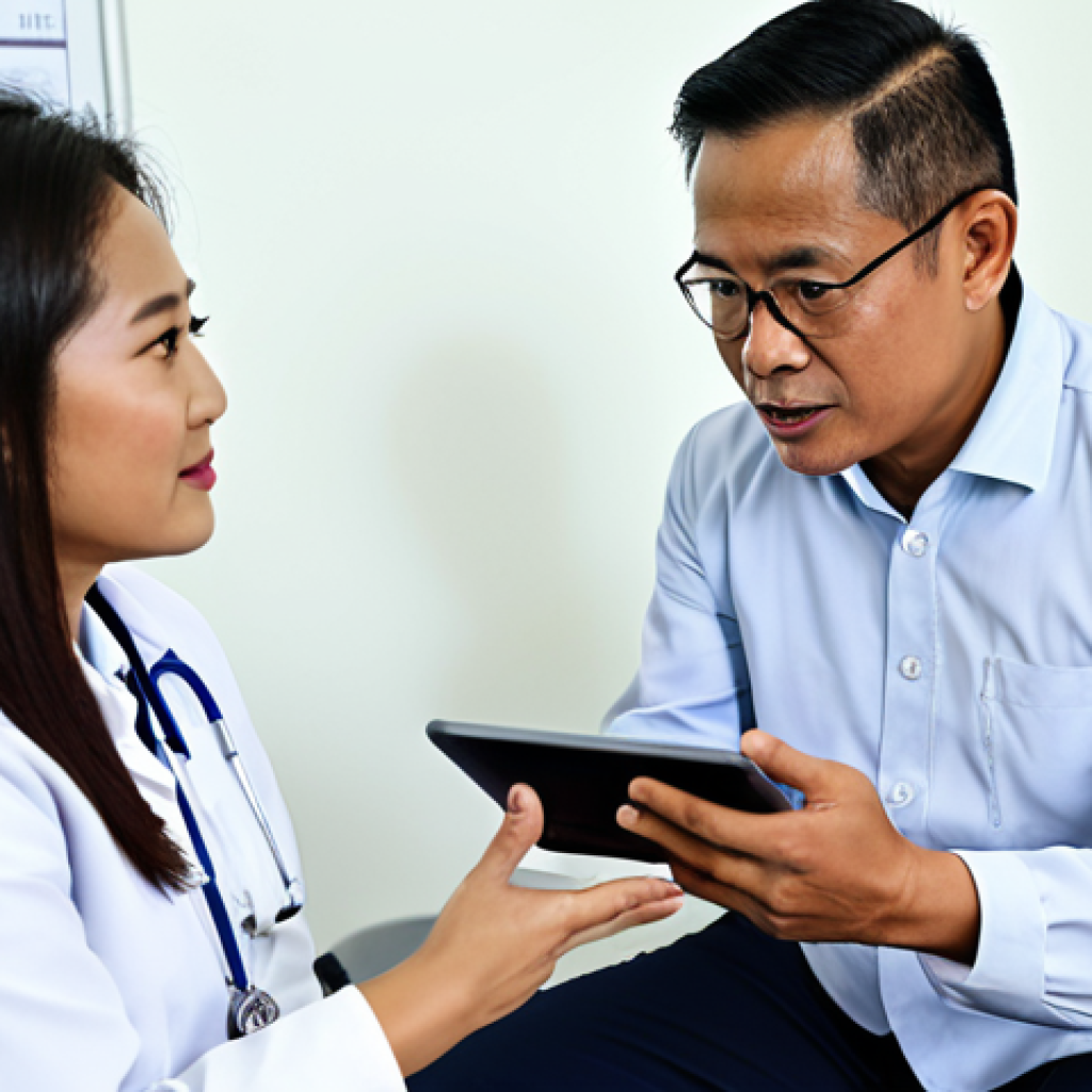 A professional, middle-aged Malay man, fully clothed in a modest collared shirt, sits attentively across from a female Malaysian doctor in a bright, modern clinic consultation room. The doctor, in professional medical attire, holds a tablet and gestures reassuringly while explaining medical information. The scene is well-lit, conveying trust and clear communication in a professional healthcare setting. safe for work, appropriate content, fully clothed, professional, perfect anatomy, correct proportions, natural pose, well-formed hands, proper finger count, natural body proportions, professional photography, high quality, realistic.
