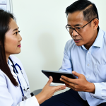 A professional, middle-aged Malay man, fully clothed in a modest collared shirt, sits attentively across from a female Malaysian doctor in a bright, modern clinic consultation room. The doctor, in professional medical attire, holds a tablet and gestures reassuringly while explaining medical information. The scene is well-lit, conveying trust and clear communication in a professional healthcare setting. safe for work, appropriate content, fully clothed, professional, perfect anatomy, correct proportions, natural pose, well-formed hands, proper finger count, natural body proportions, professional photography, high quality, realistic.