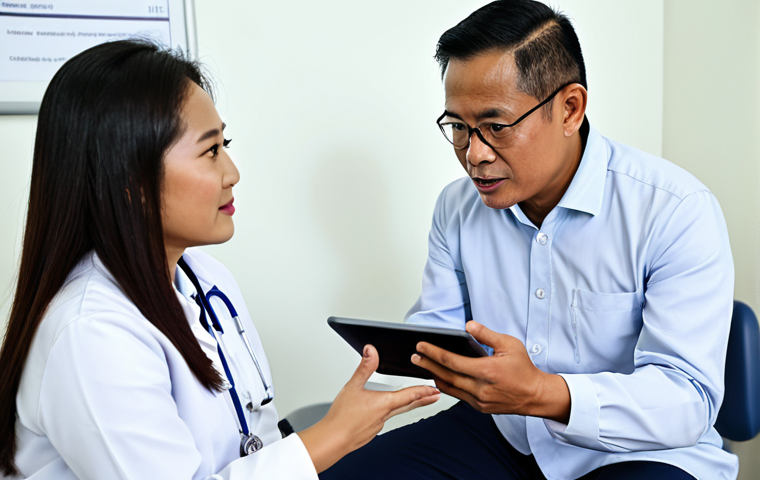 A professional, middle-aged Malay man, fully clothed in a modest collared shirt, sits attentively across from a female Malaysian doctor in a bright, modern clinic consultation room. The doctor, in professional medical attire, holds a tablet and gestures reassuringly while explaining medical information. The scene is well-lit, conveying trust and clear communication in a professional healthcare setting. safe for work, appropriate content, fully clothed, professional, perfect anatomy, correct proportions, natural pose, well-formed hands, proper finger count, natural body proportions, professional photography, high quality, realistic.
