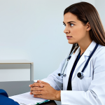 A professional female doctor, fully clothed in a crisp white lab coat, attentively listening to a concerned male patient, fully clothed in modest business casual attire. They are seated in a clean, brightly lit modern medical consultation room, with a desk and a computer monitor in the background. The atmosphere is calm and reassuring, depicting a professional medical consultation. perfect anatomy, correct proportions, natural pose, well-formed hands, proper finger count, natural body proportions, professional photography, high quality, safe for work, appropriate content, fully clothed, professional, family-friendly.