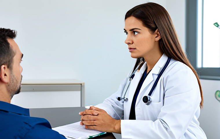 A professional female doctor, fully clothed in a crisp white lab coat, attentively listening to a concerned male patient, fully clothed in modest business casual attire. They are seated in a clean, brightly lit modern medical consultation room, with a desk and a computer monitor in the background. The atmosphere is calm and reassuring, depicting a professional medical consultation. perfect anatomy, correct proportions, natural pose, well-formed hands, proper finger count, natural body proportions, professional photography, high quality, safe for work, appropriate content, fully clothed, professional, family-friendly.